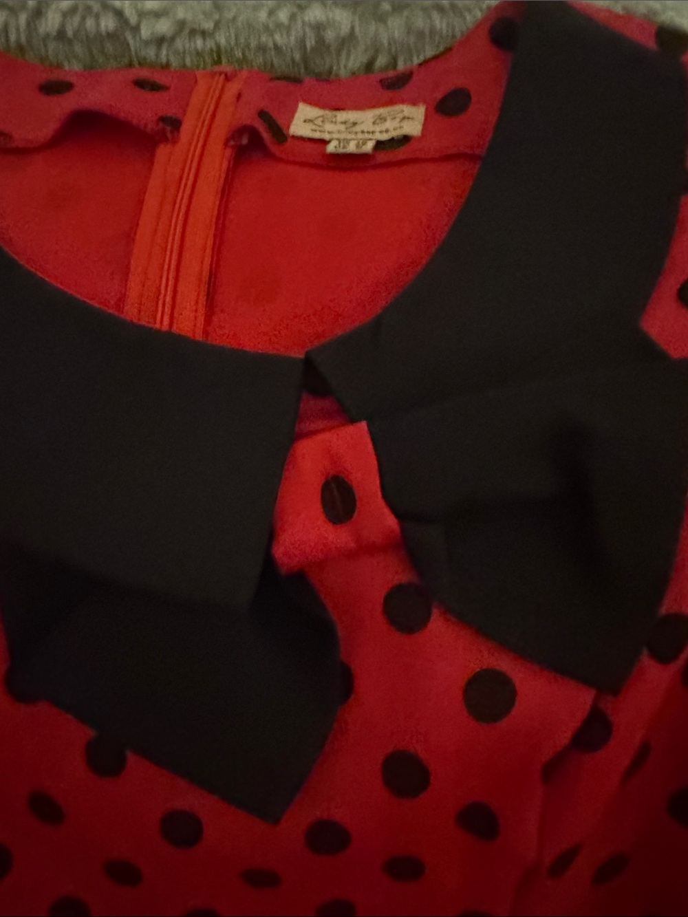 Lindy Bop Red Polka Dot Fit-and-Flare Dress with Black Collar Vintage - Picture 4 of 6